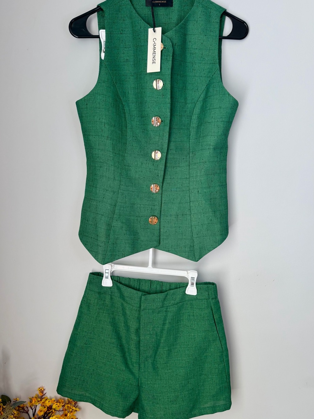Commense Green Tweed Vest & Shorts Set - Picture 2 of 6